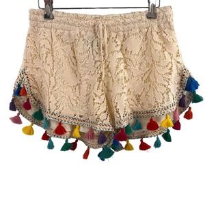 Anthropologie Cream Lace Shorts with Multicolor Tassels